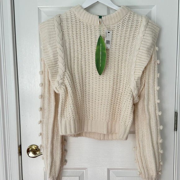 Farm Rio Braided Chunky Knit Sweater with Pom-Pom details Cream